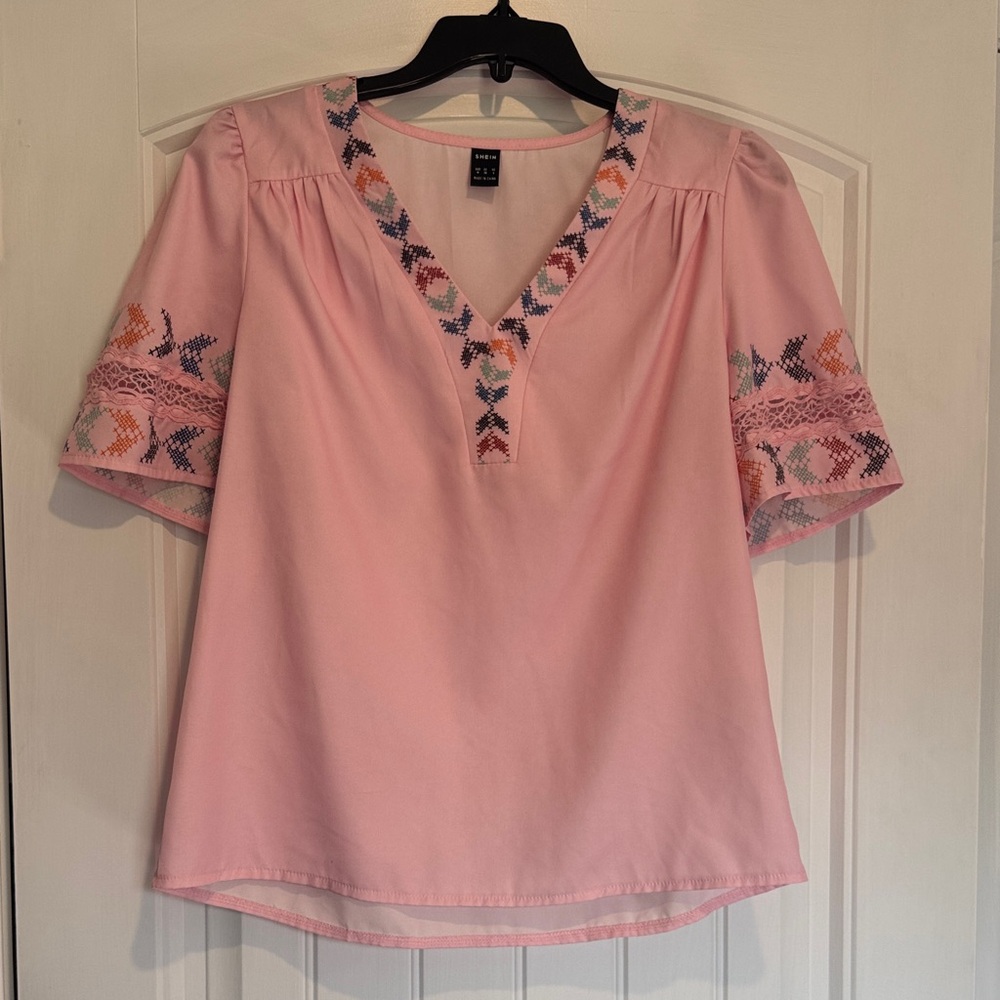 SHEIN Pink V-Neck Embroidered Blouse